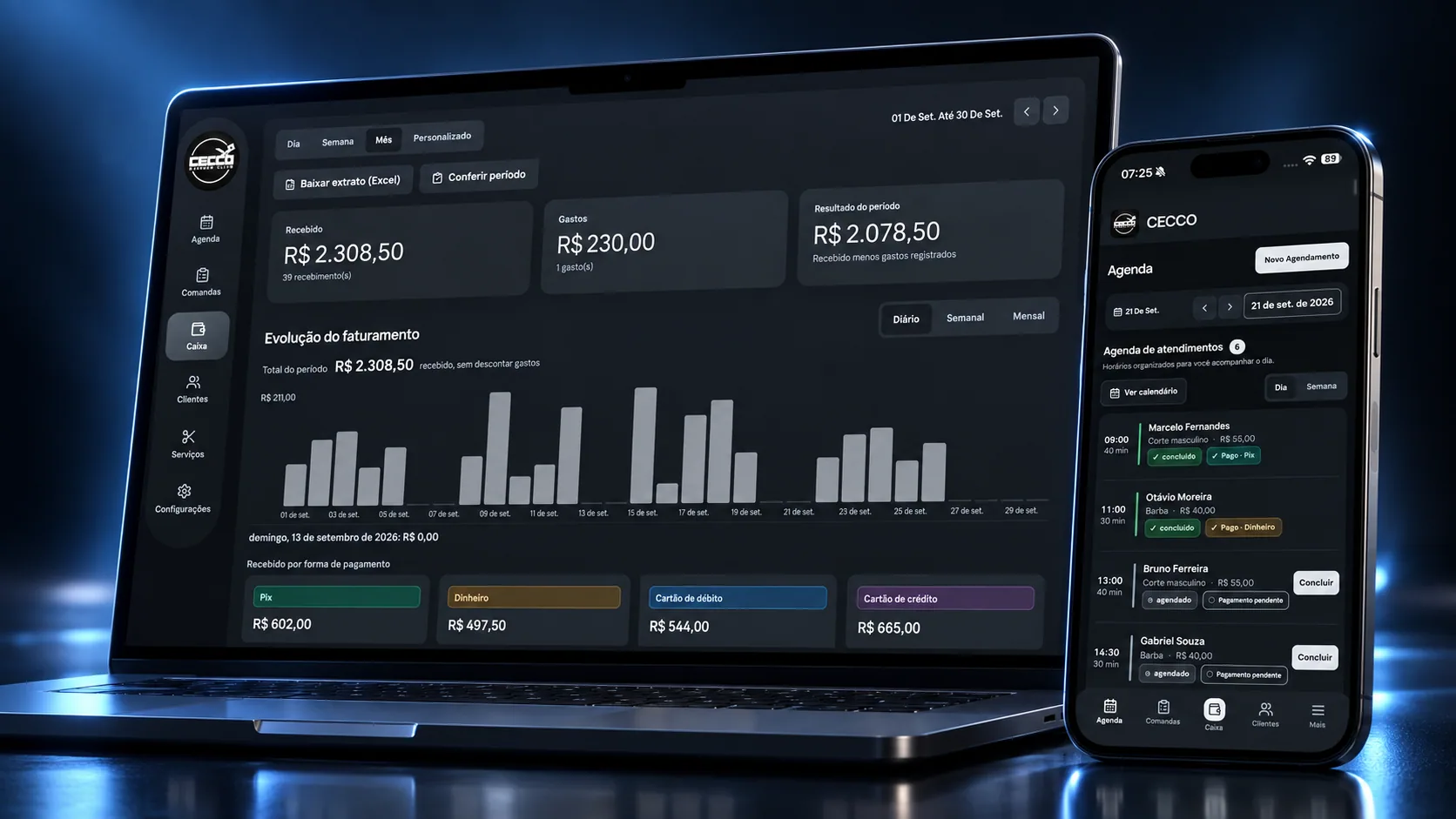 Painel do Caixa do CECCO em notebook e a Agenda de atendimentos no celular, em tema escuro