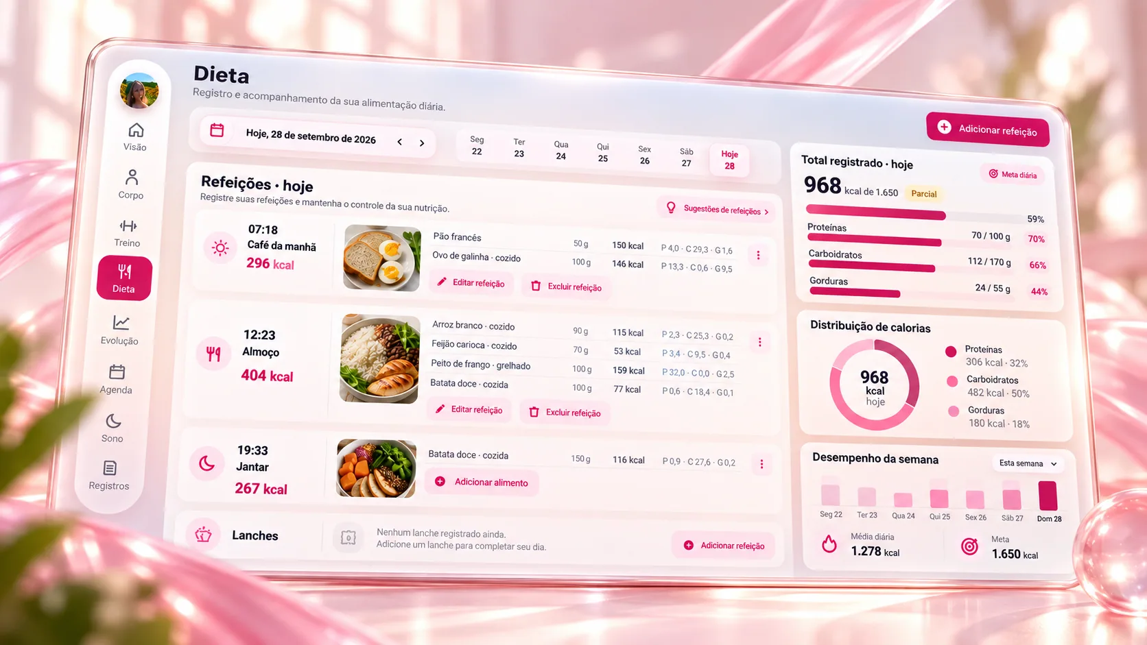 Tela de Dieta com refeições do dia, metas de calorias e macros