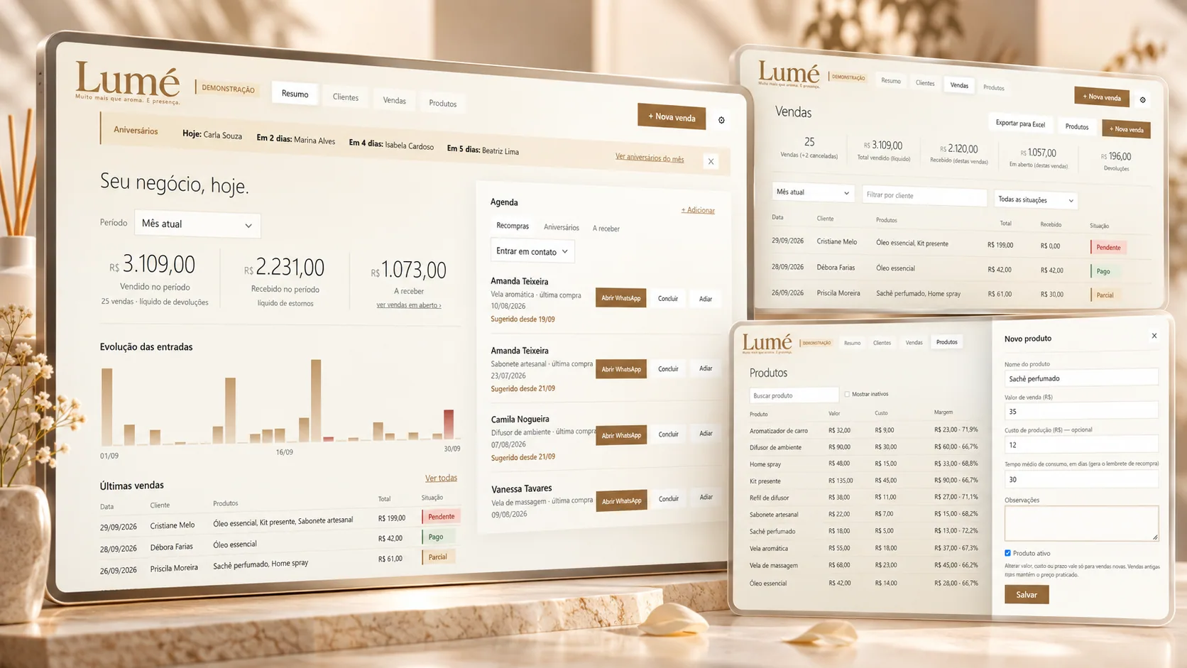 Composição do Lumé com o Resumo do negócio, a lista de Vendas e o cadastro de Produtos, em tons de bege e dourado