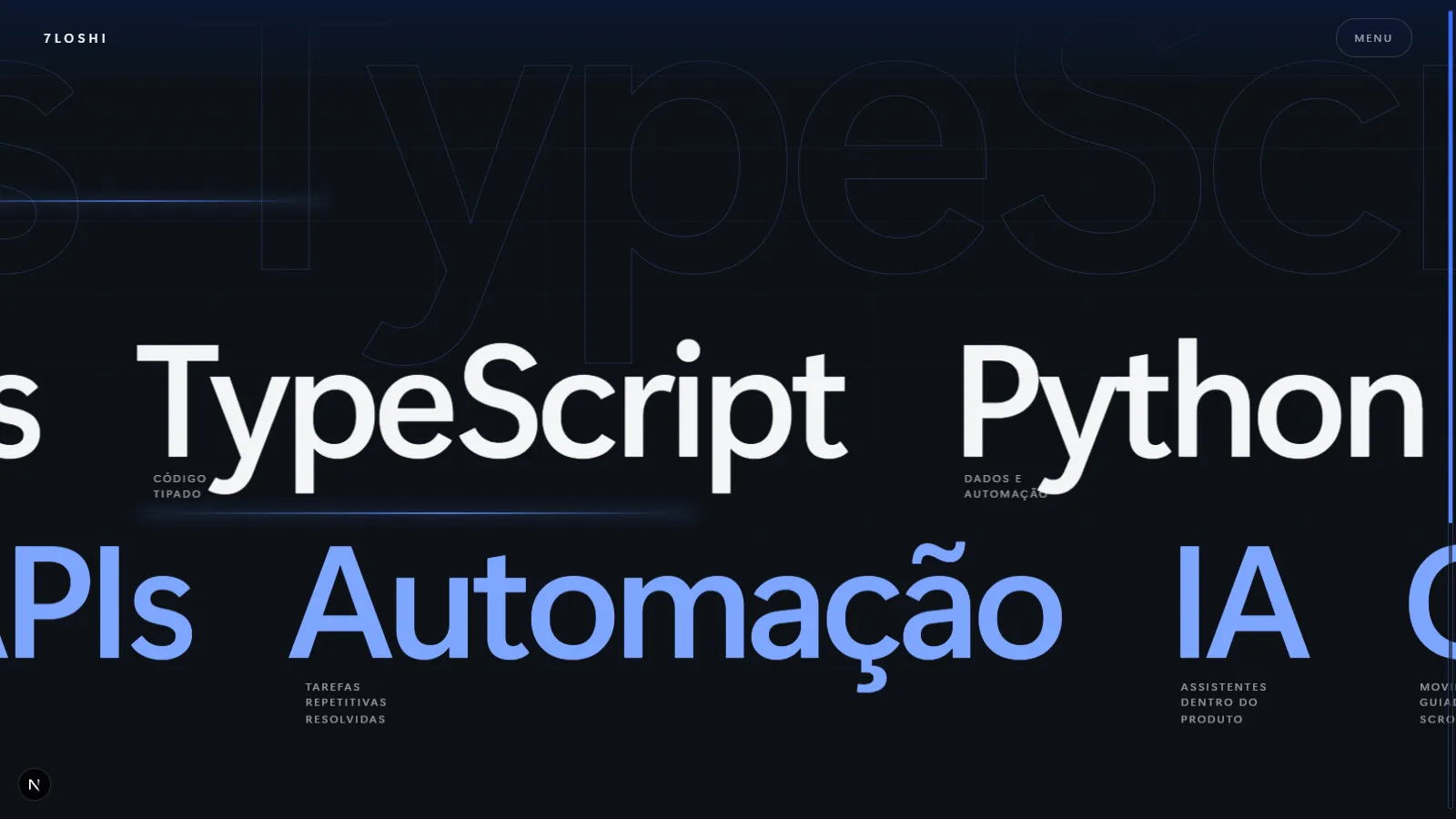 Recorte do próprio site: tipografia atravessando a tela na seção de tecnologias