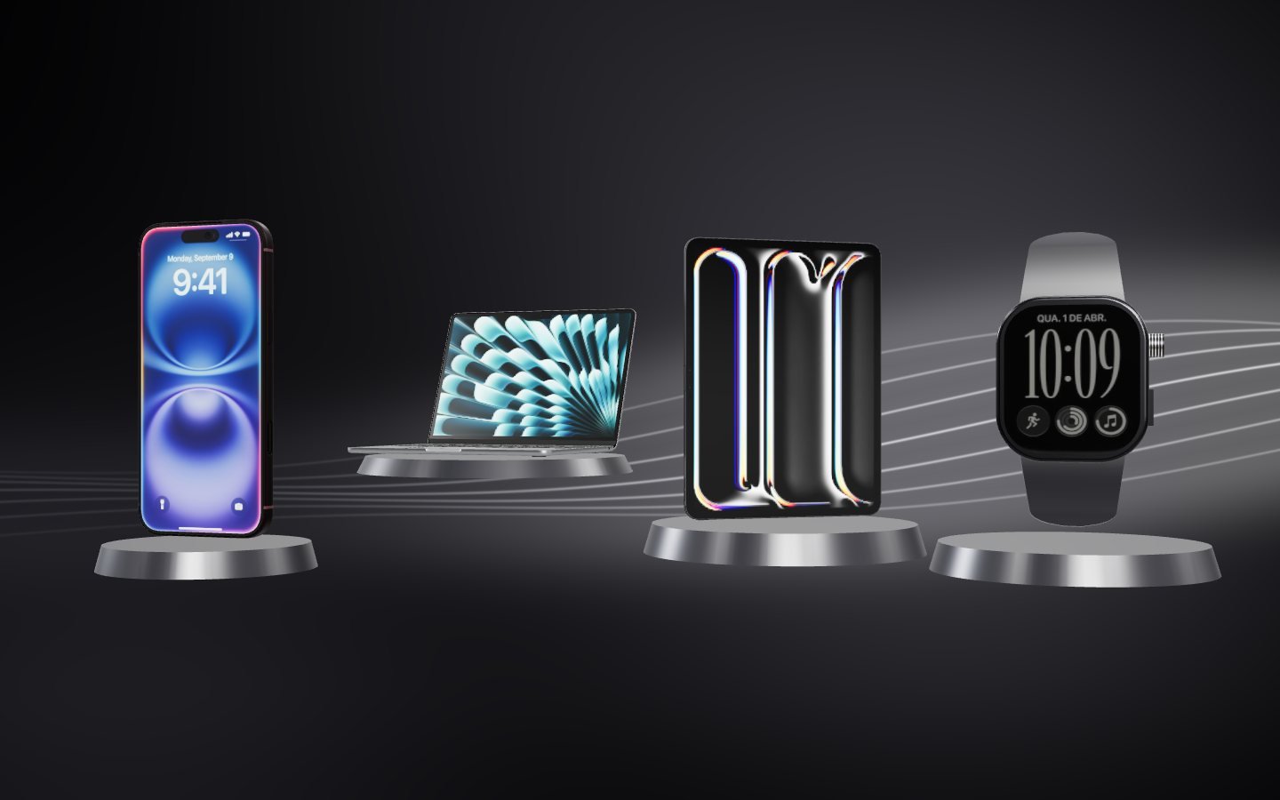 iPhone, MacBook, iPad e Apple Watch sobre pedestais (ilustração 3D conceitual)