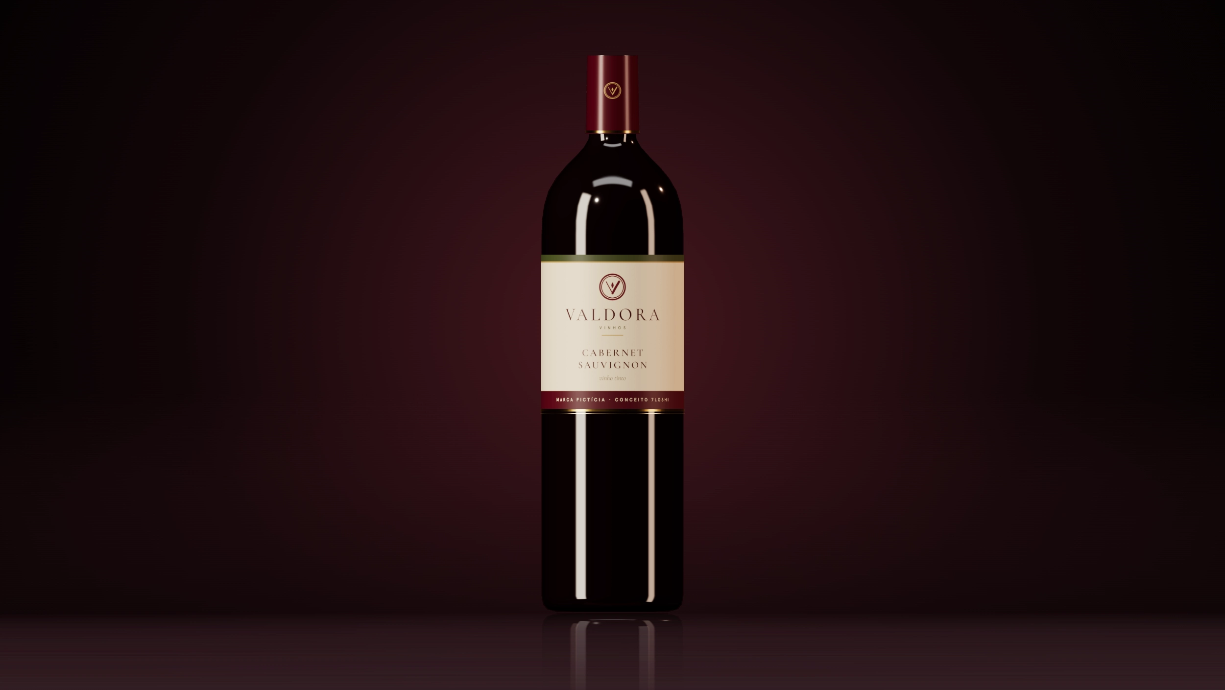 Garrafa conceitual Valdora Cabernet Sauvignon, vinho tinto com rótulo marfim e cápsula vinho, sobre fundo escuro.